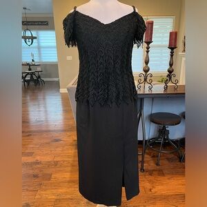 Vintage Cachet by Bari Protas Black Evening Gown Size 12 Embroidered Lace Slit